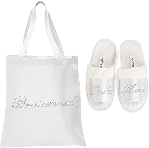 Varsany Wedding Luxury Fashion White Tote Bag and OT Slipper Set - Bridal, Hen Party, Gift Bags – Handmade, Cotton Totes Bags for Women - Suitable for Grocery, Picnic, Traveling, Beach - Varsany