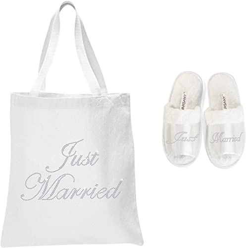 Varsany Wedding Luxury Fashion White Tote Bag and OT Slipper Set - Bridal, Hen Party, Gift Bags – Handmade, Cotton Totes Bags for Women - Suitable for Grocery, Picnic, Traveling, Beach - Varsany