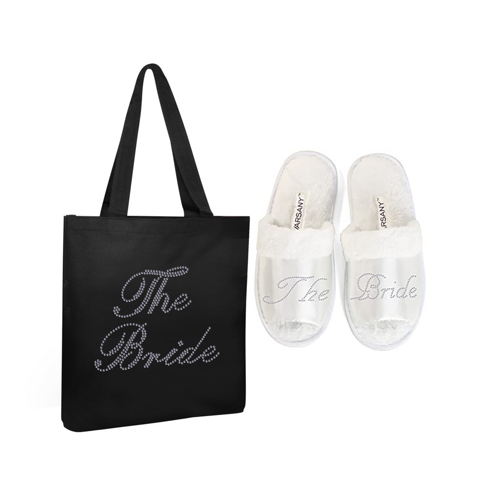 Varsany Wedding Luxury Fashion Black Tote Bag and OT Slipper Set - Bridal, Hen Party, Gift Bags – Handmade, Cotton Totes Bags for Women - Suitable for Grocery, Picnic, Traveling, Beach - Varsany